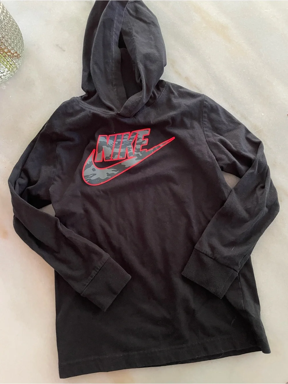 Nike Black Long Sleeve Hooded Tee with Red-Trim Swoosh size 7